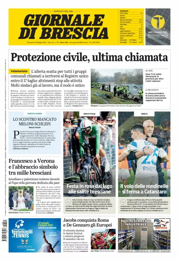 Prima-pagina-giornale di brescia-oggi-edizione-del-2024-05-19